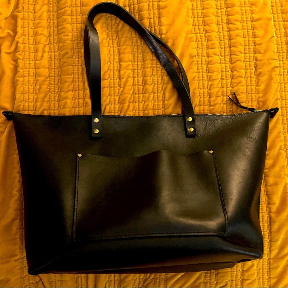 Portland Leather Goods Oversized Black Leather tote with zipper.